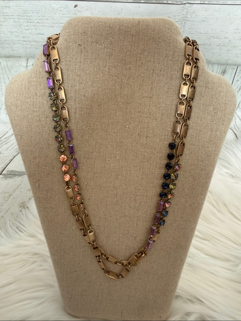 Stella & Dot Gold-Tone Necklace with Purple, Blue, Green and Peach Crystals